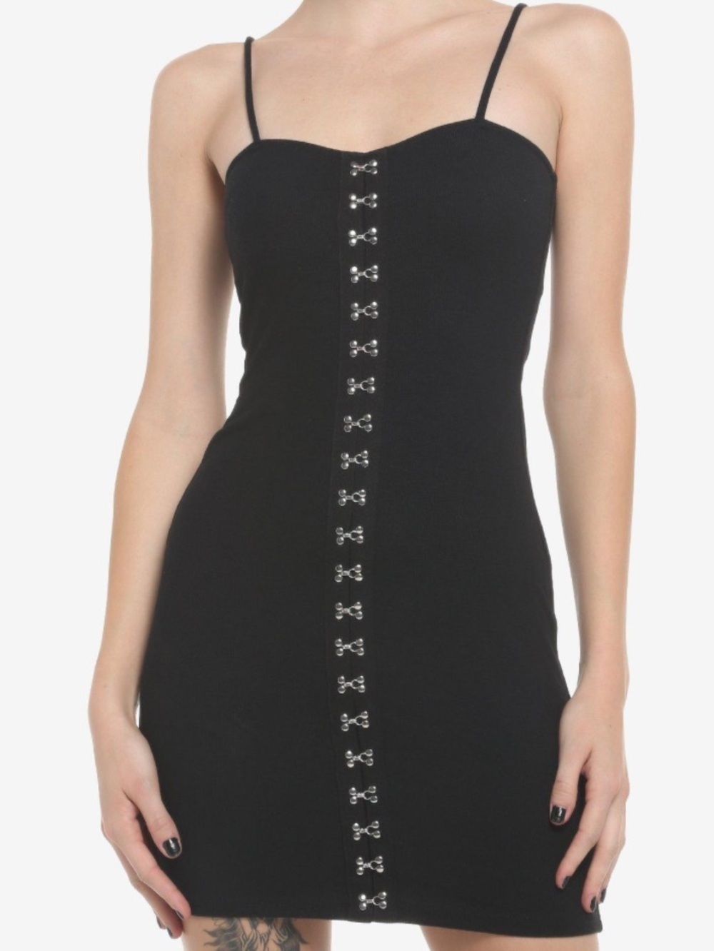 Zara Black dress Mini with Silver Hook-and-Eye Front XS ribbed stretch goth